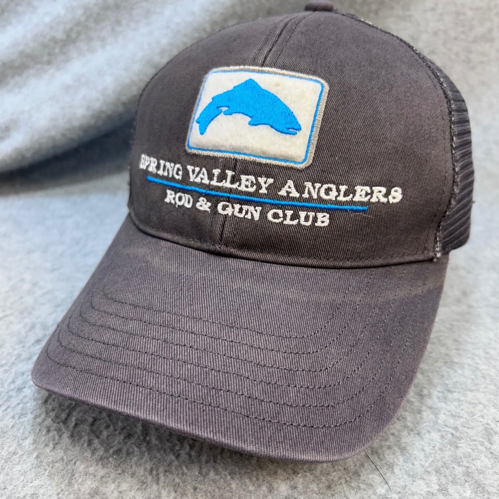 Spring Valley Anglers Mens Gray Simms Trucker Hat Fishing Rod Gun Club OSFM